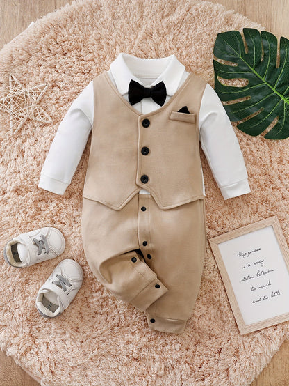 Baby romper featuring a stylish bow tie and cardigan design, made from soft cotton, perfect for special occasions and ensuring comfort for infants. 0