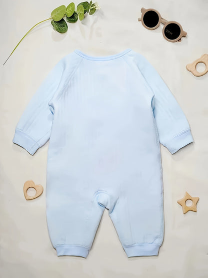 Baby romper featuring a playful bear patch, made from soft cotton for breathability during fall and winter, designed for easy dressing with bows and buttons. 5