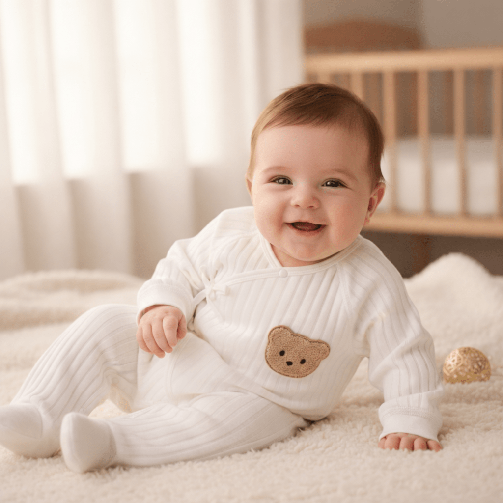 Baby romper featuring a playful bear patch, made from soft cotton for breathability during fall and winter, designed for easy dressing with bows and buttons. 1