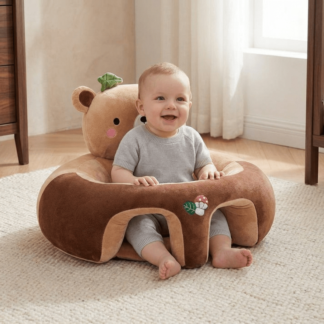 Baby Sitting Support Seat featuring a 360° stability design, crafted with soft cotton wraparound material for comfort and safety. Ideal for infants learning to sit 5