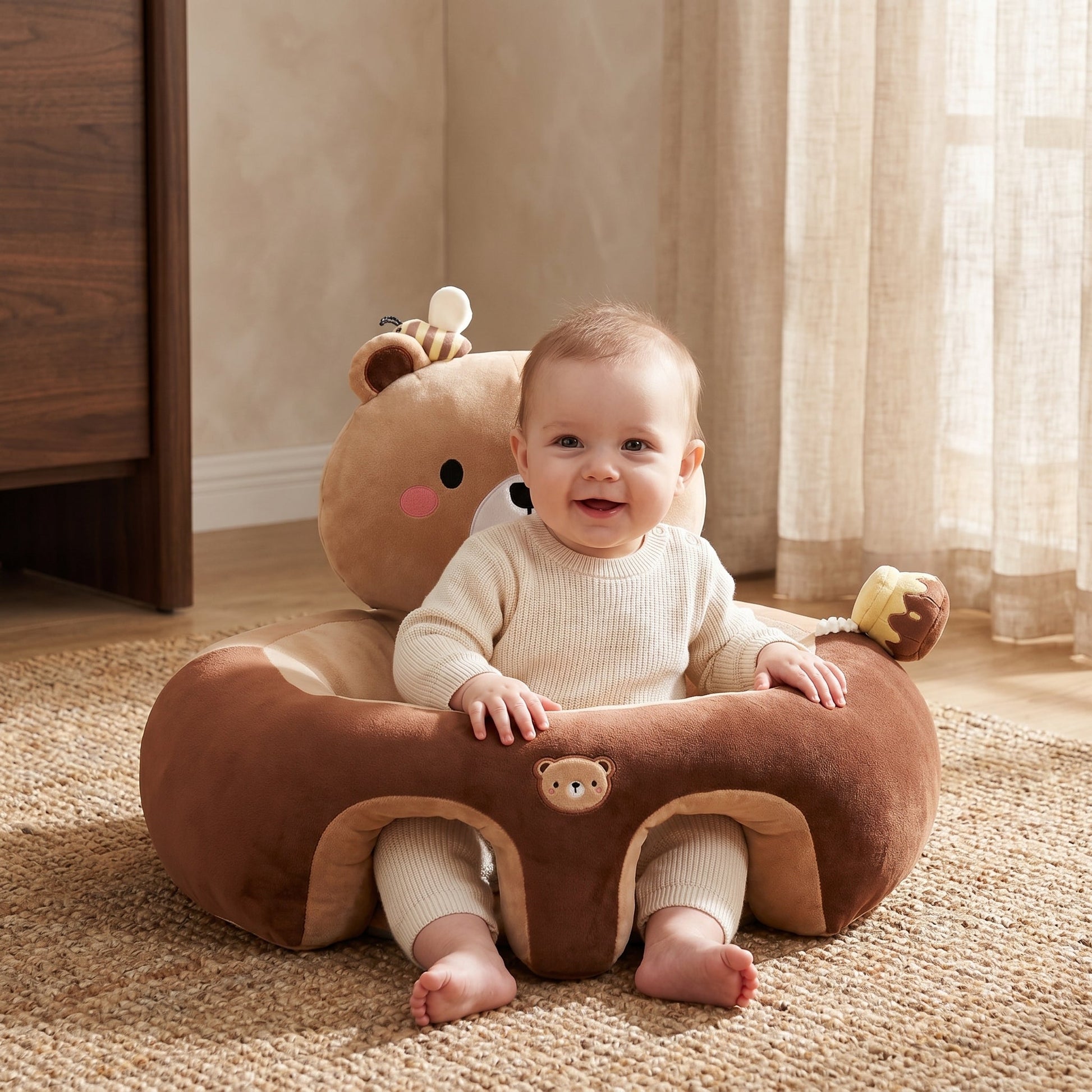 Baby Sitting Support Seat featuring a 360° stability design, crafted with soft cotton wraparound material for comfort and safety. Ideal for infants learning to sit 3