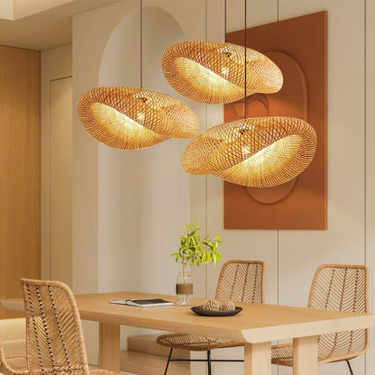 Bamboo pendant light featuring adjustable height, showcasing a Scandinavian minimalist design with natural LED lighting. 3