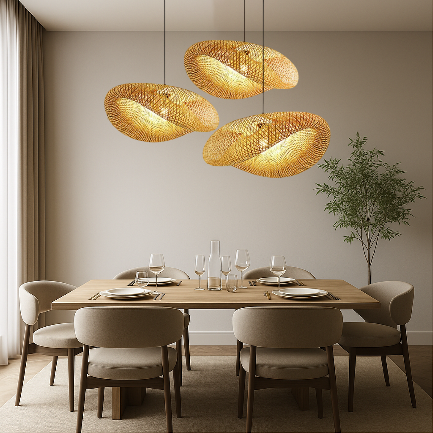 Bamboo pendant light featuring adjustable height, showcasing a Scandinavian minimalist design with natural LED lighting. 1