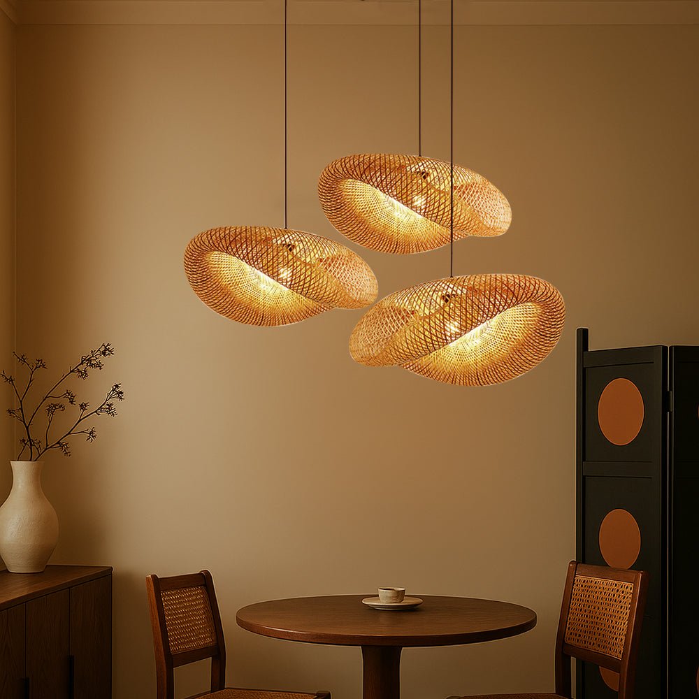 Bamboo pendant light featuring adjustable height, showcasing a Scandinavian minimalist design with natural LED lighting. 2