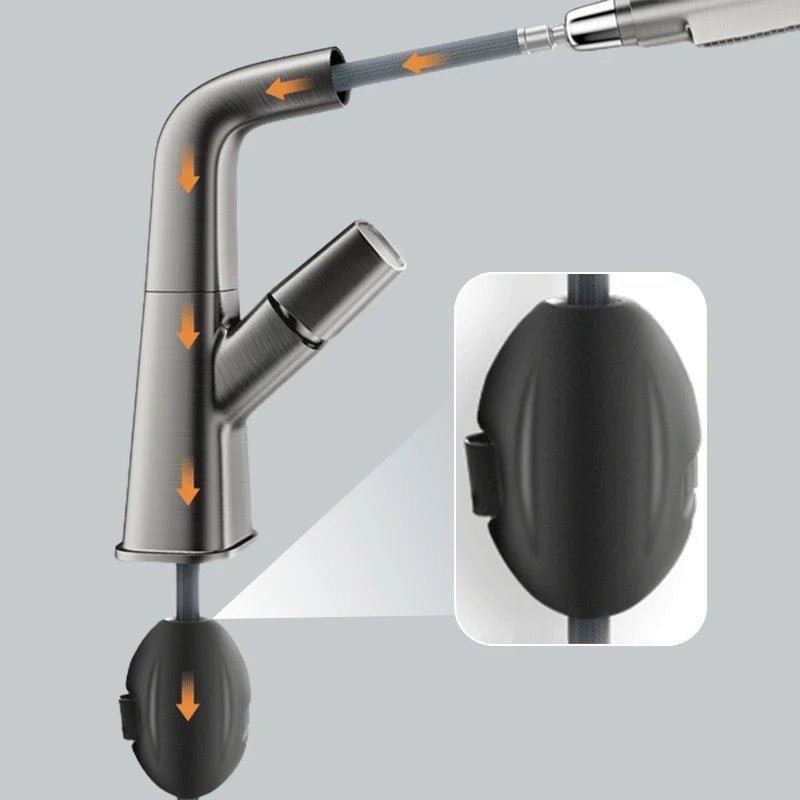 Sleek bathroom faucet with pull-out spray head and 360-degree swivel spout, designed for modern small spaces. 4
