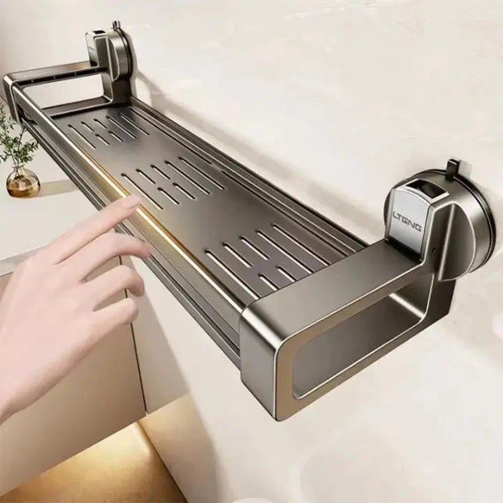Bathroom shelf with suction cups for easy storage, made of durable carbon steel, 30 cm in size, designed for no drilling installation. 1