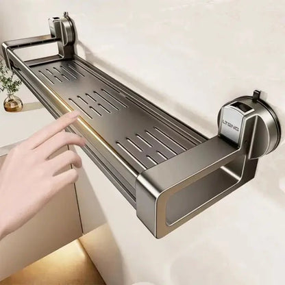 Bathroom shelf with suction cups for easy storage, made of durable carbon steel, 30 cm in size, designed for no drilling installation. 1