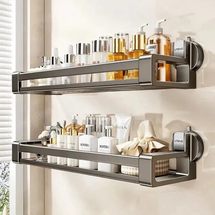 Bathroom shelf with suction cups for easy storage, made of durable carbon steel, 30 cm in size, designed for no drilling installation. 3