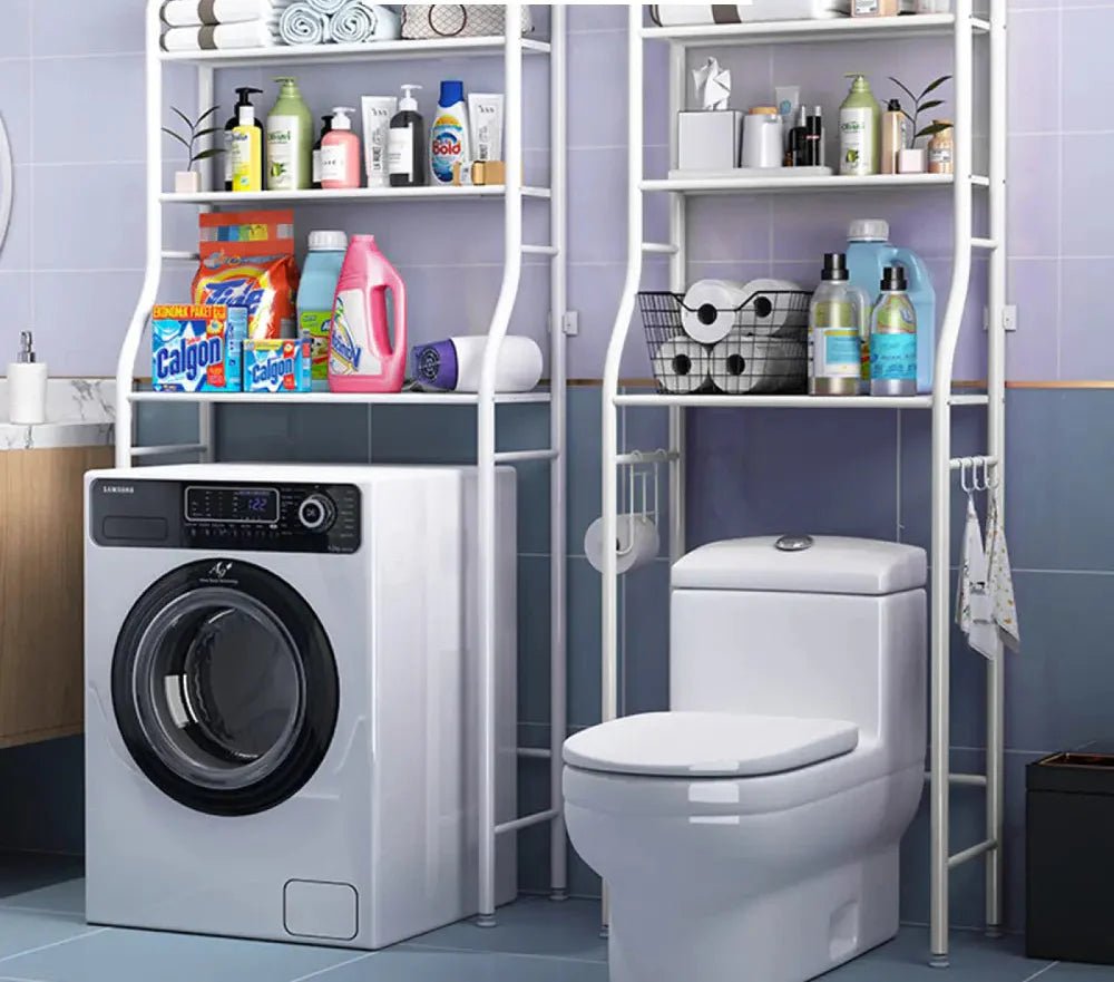 Bathroom Shelving Unit Over Toilet with 3 Shelves – Freestanding Towel Storage Rack in Neutral White 0
