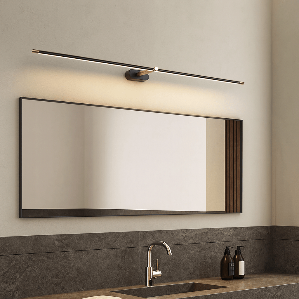 Bathroom wall light featuring a minimalist aluminum design, perfect for above mirror installation, emitting warm white LED lighting for a cozy ambiance. 1