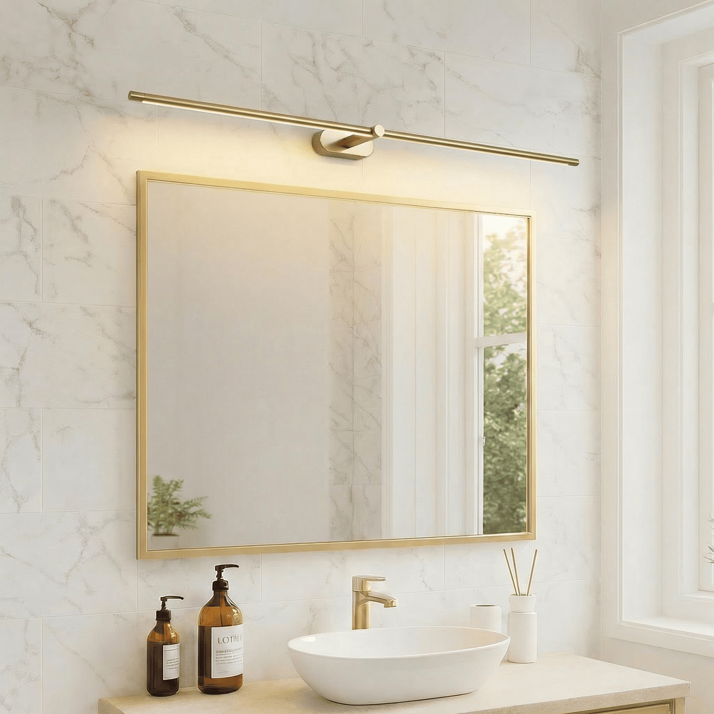 Bathroom wall light featuring a minimalist aluminum design, perfect for above mirror installation, emitting warm white LED lighting for a cozy ambiance. 2