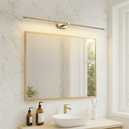 Bathroom wall light featuring a minimalist aluminum design, perfect for above mirror installation, emitting warm white LED lighting for a cozy ambiance. 2