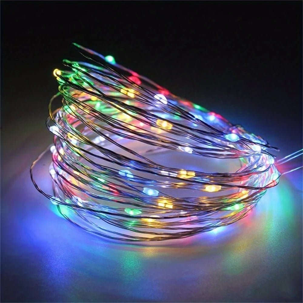 Battery-powered copper fairy lights featuring energy-efficient LED options, available in multiple lengths and colors, perfect for creating a magical ambiance in any space. 2