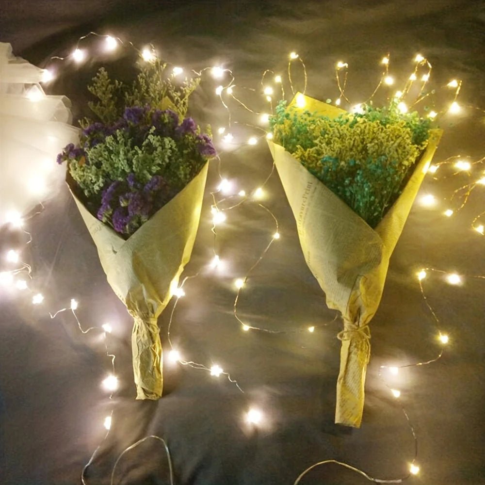 Battery-powered copper fairy lights featuring energy-efficient LED options, available in multiple lengths and colors, perfect for creating a magical ambiance in any space. 6