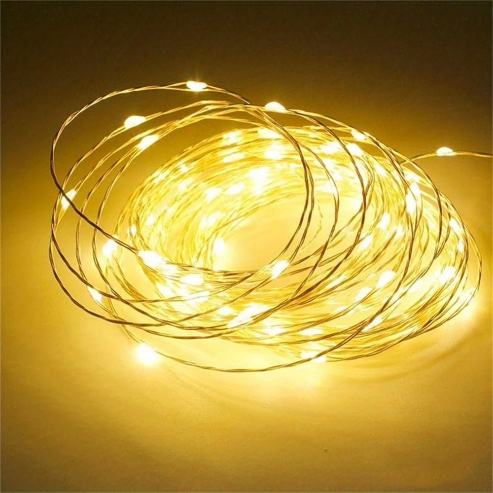 Battery-powered copper fairy lights featuring energy-efficient LED options, available in multiple lengths and colors, perfect for creating a magical ambiance in any space. 0