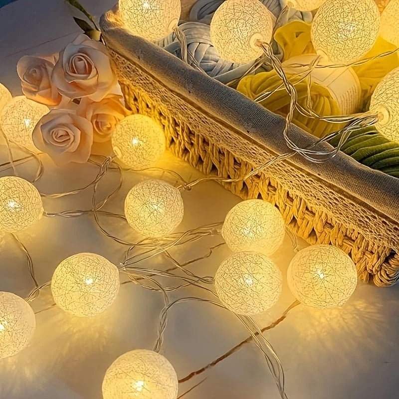 Battery-powered globe string lights featuring 10 LED white plastic spheres, perfect for indoor decoration and party ambiance. 4