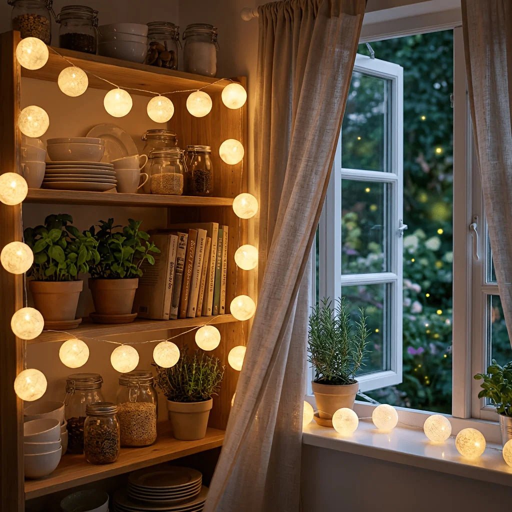 Battery-powered globe string lights featuring 10 LED white plastic spheres, perfect for indoor decoration and party ambiance. 5
