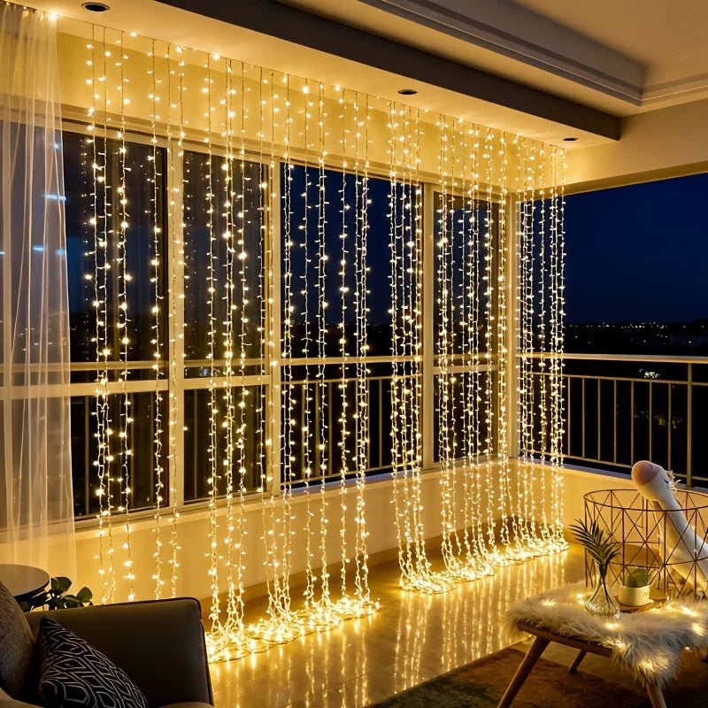 Battery-powered LED curtain fairy lights featuring 300 warm white LEDs, ideal for creating a cozy ambiance in indoor spaces. 0