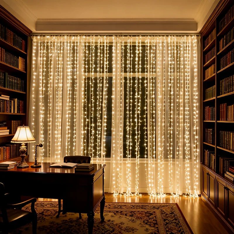 Battery-powered LED curtain fairy lights featuring 300 warm white LEDs, ideal for creating a cozy ambiance in indoor spaces. 1