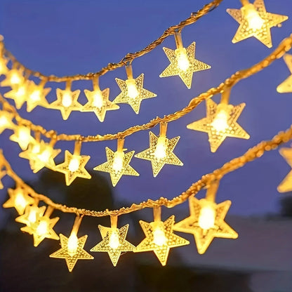 Battery-powered star fairy lights featuring warm white LEDs, available in multiple length options for versatile decorative use. 2
