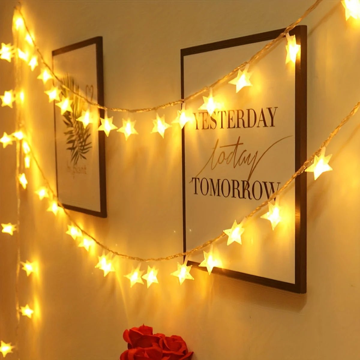 Battery-powered star fairy lights featuring warm white LEDs, available in multiple length options for versatile decorative use. 1