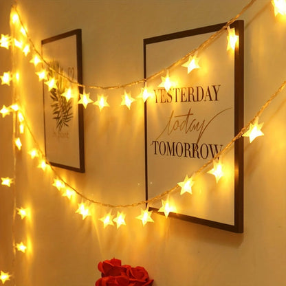 Battery-powered star fairy lights featuring warm white LEDs, available in multiple length options for versatile decorative use. 1