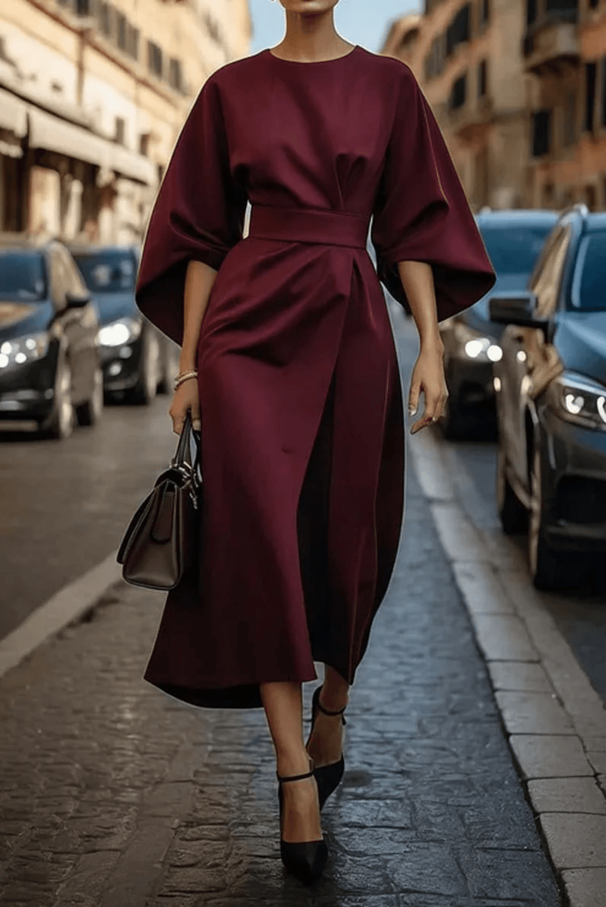 Belted black maxi dress for women featuring an elegant silhouette and long sleeves, perfect for weddings and special occasions. 3