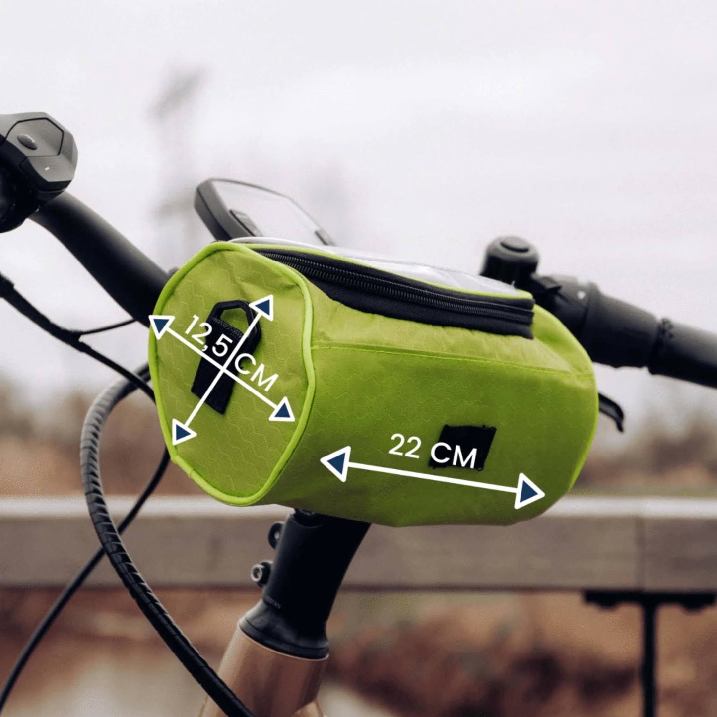Waterproof bicycle bag with touchscreen window and secure mounting system for bike handlebars, perfect for convenient access to mobile devices while cycling. 5