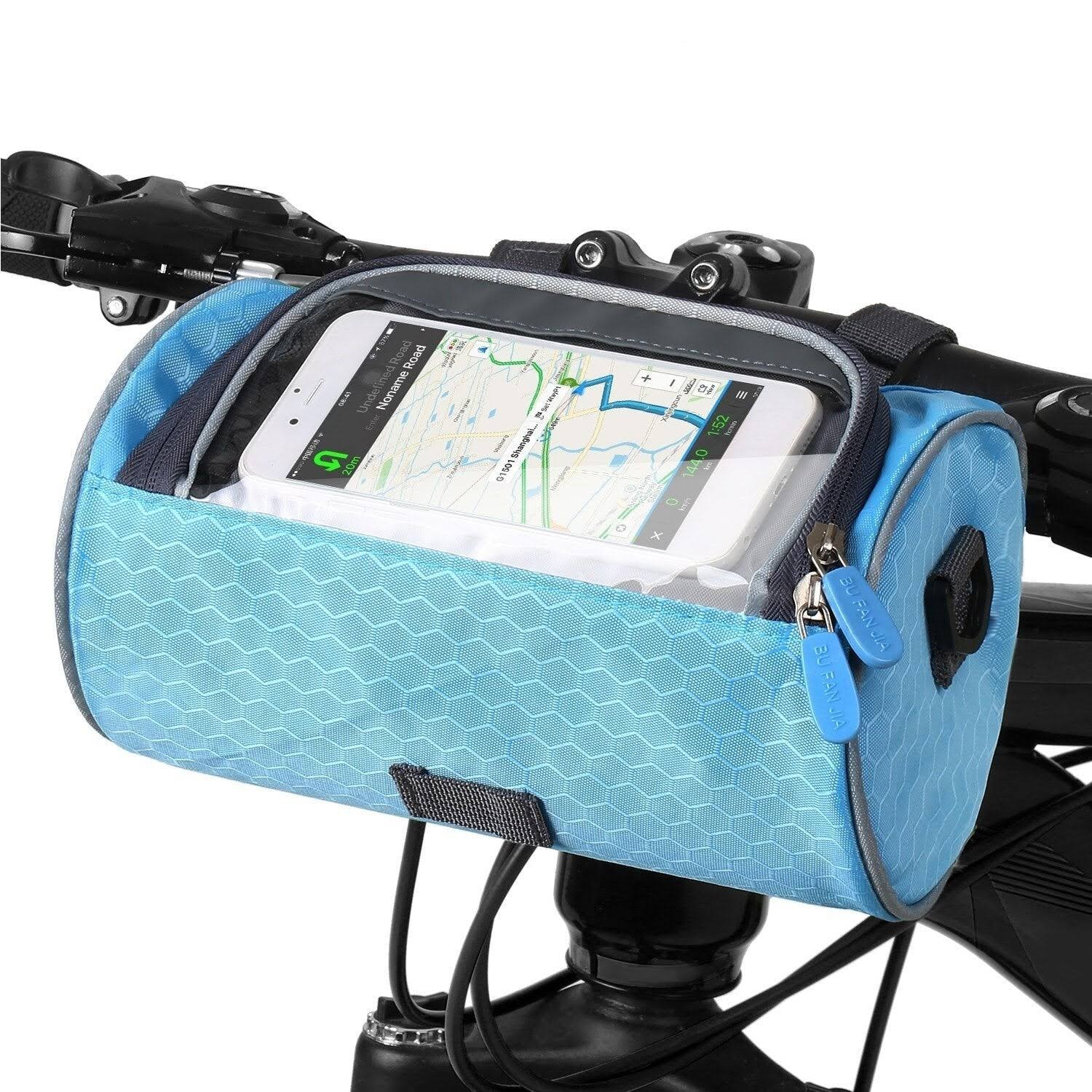 Waterproof bicycle bag with touchscreen window and secure mounting system for bike handlebars, perfect for convenient access to mobile devices while cycling. 4