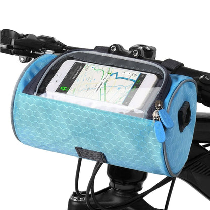 Waterproof bicycle bag with touchscreen window and secure mounting system for bike handlebars, perfect for convenient access to mobile devices while cycling. 4