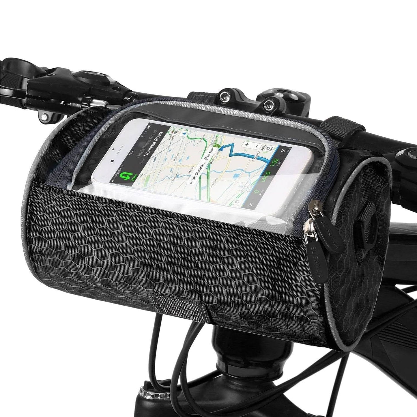 Waterproof bicycle bag with touchscreen window and secure mounting system for bike handlebars, perfect for convenient access to mobile devices while cycling. 3
