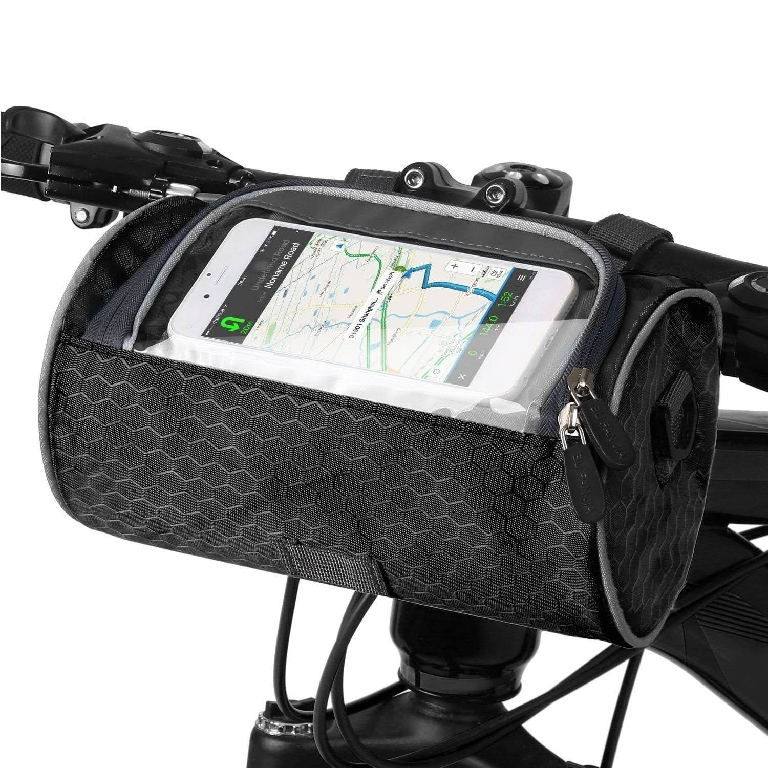 Waterproof bicycle bag with touchscreen window and secure mounting system for bike handlebars, perfect for convenient access to mobile devices while cycling. 3