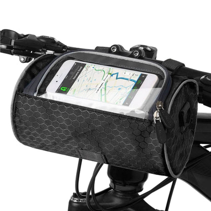 Waterproof bicycle bag with touchscreen window and secure mounting system for bike handlebars, perfect for convenient access to mobile devices while cycling. 3