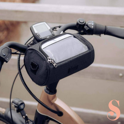 Waterproof bicycle bag with touchscreen window and secure mounting system for bike handlebars, perfect for convenient access to mobile devices while cycling. 0