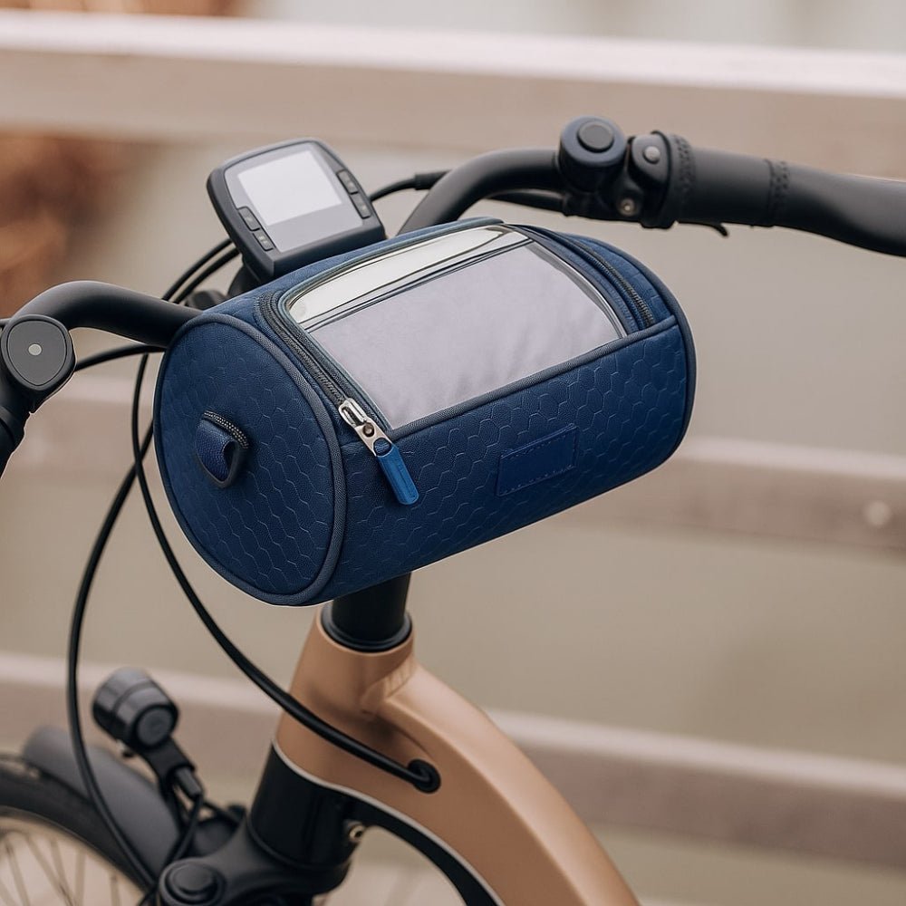 Bike handlebar bag featuring a secure phone holder, designed for waterproof storage of essentials while cycling. 2
