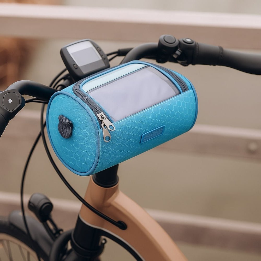 Bike handlebar bag featuring a secure phone holder, designed for waterproof storage of essentials while cycling. 4