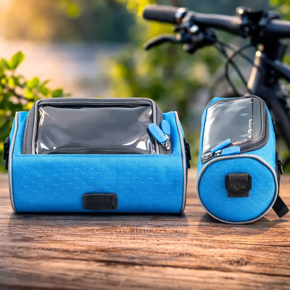 Bike handlebar bag featuring a secure phone holder, designed for waterproof storage of essentials while cycling. 6