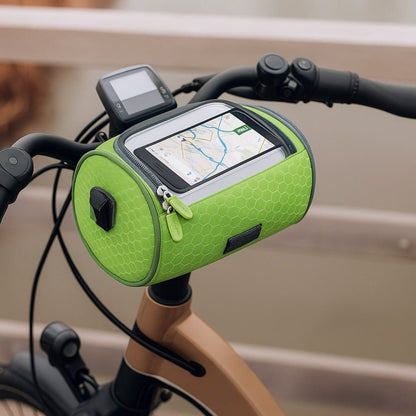 Bike handlebar bag featuring a secure phone holder, designed for waterproof storage of essentials while cycling. 7