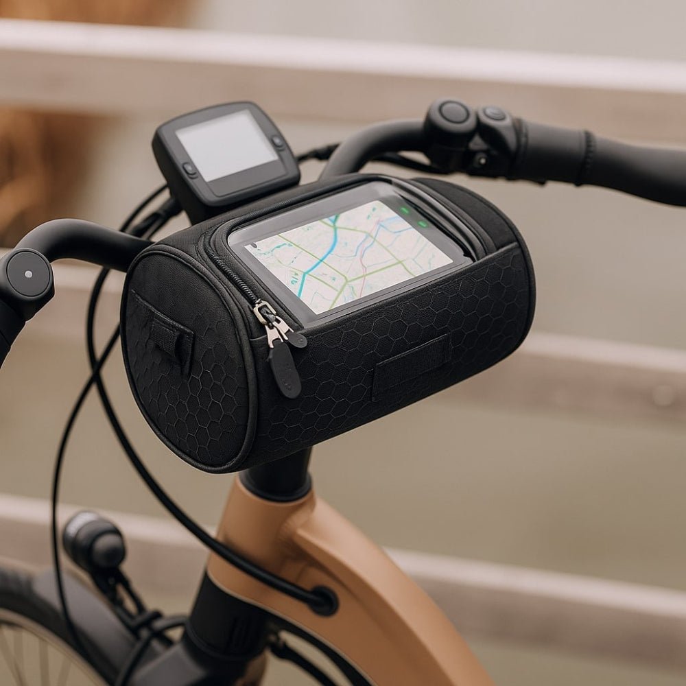 Bike handlebar bag featuring a secure phone holder, designed for waterproof storage of essentials while cycling. 0