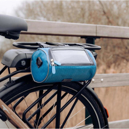 Bike handlebar bag featuring a secure phone holder, designed for waterproof storage of essentials while cycling. 5