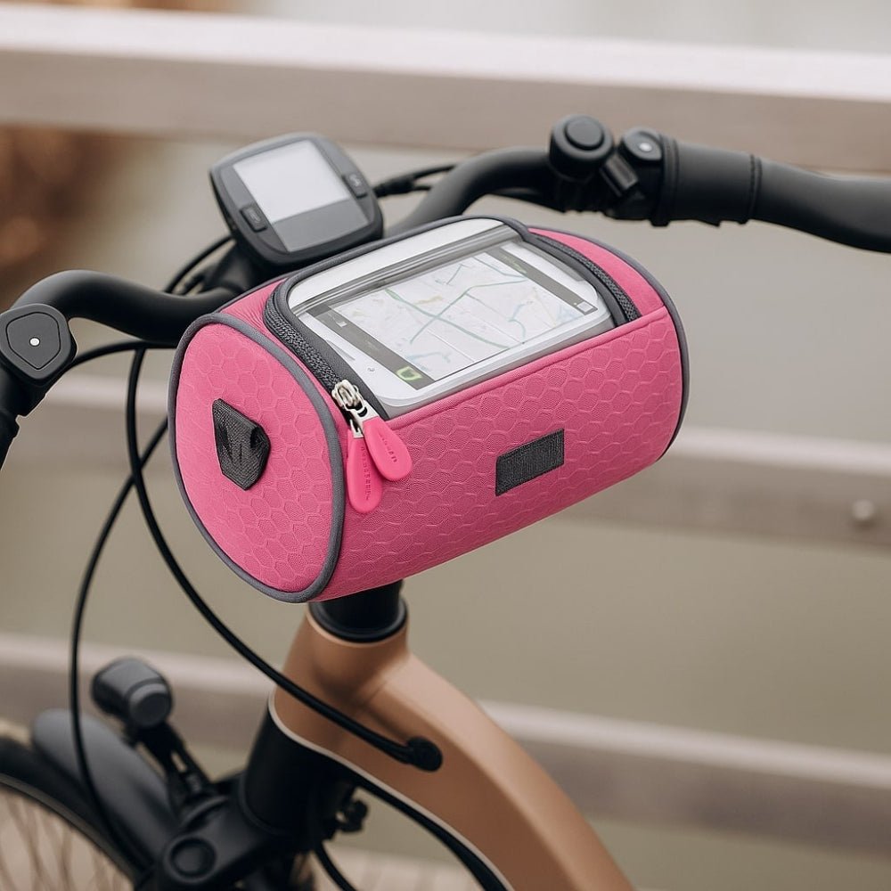 Bike handlebar bag featuring a secure phone holder, designed for waterproof storage of essentials while cycling. 10