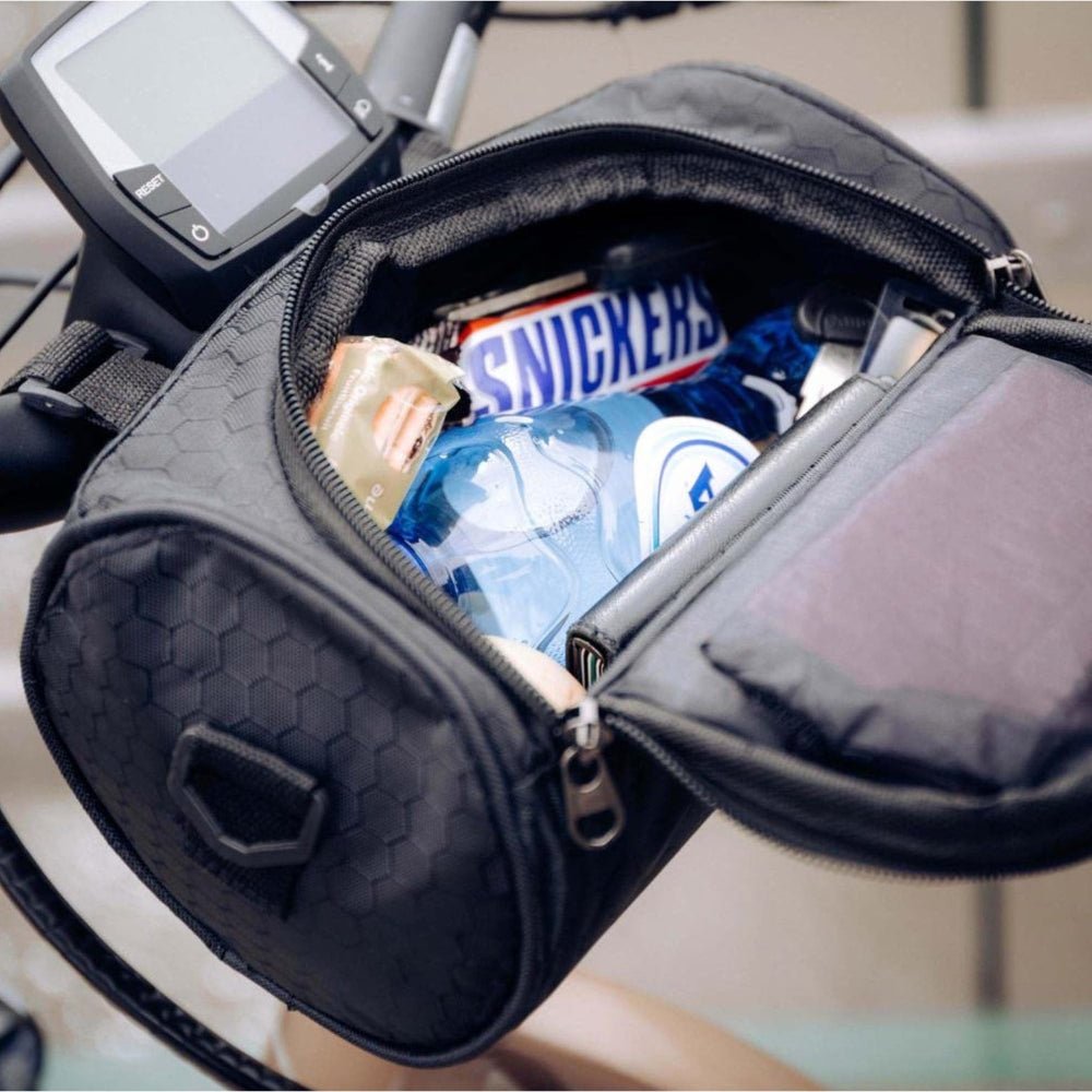 Bike handlebar bag featuring a secure phone holder, designed for waterproof storage of essentials while cycling. 1