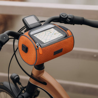 Bike handlebar bag featuring a secure phone holder, designed for waterproof storage of essentials while cycling. 9