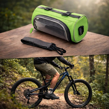 Bike handlebar bag featuring a secure phone holder, designed for waterproof storage of essentials while cycling. 8