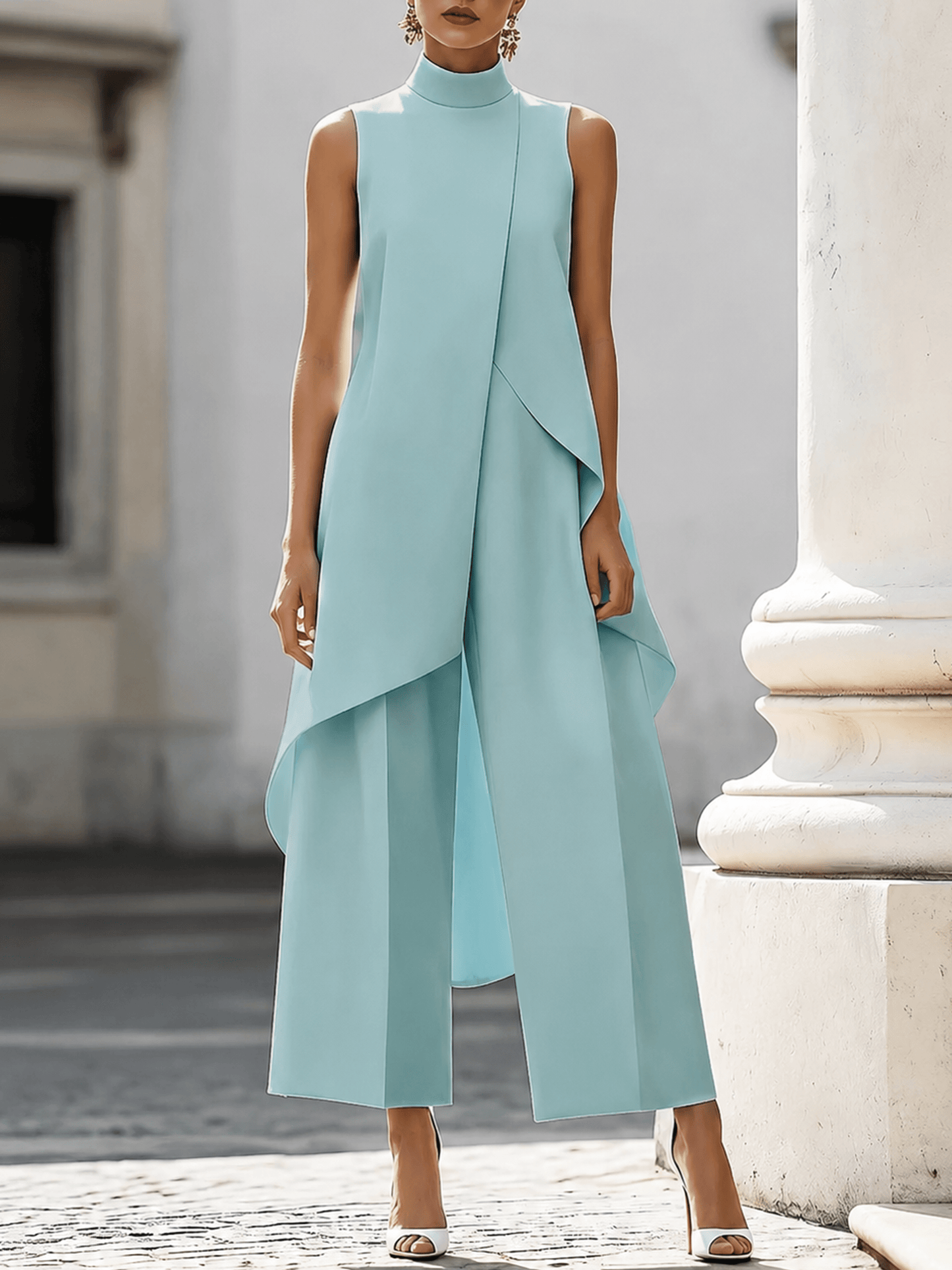Elegant black jumpsuit for women featuring a high neckline and draped overlay, designed with a chic wide-leg silhouette, perfect for special occasions. 7
