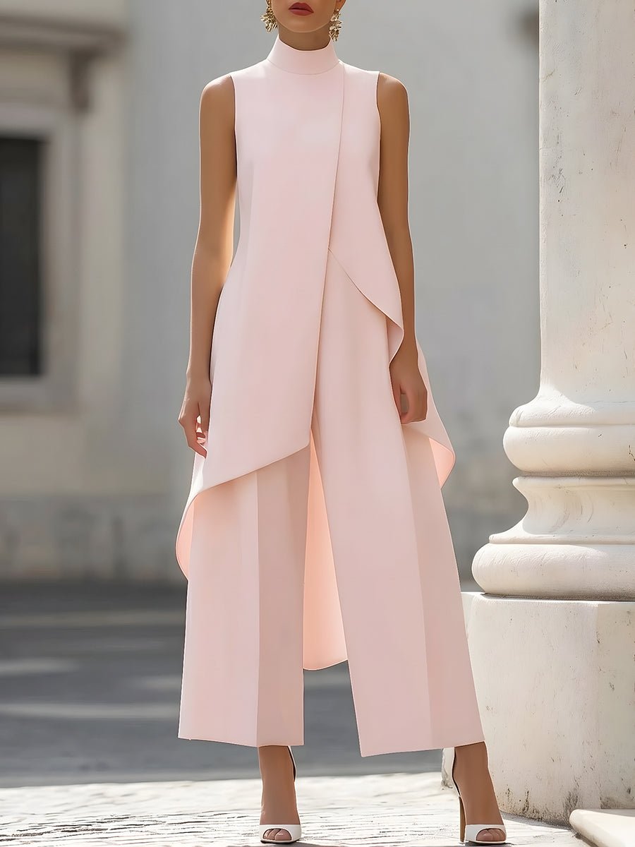 Elegant black jumpsuit for women featuring a high neckline and draped overlay, designed with a chic wide-leg silhouette, perfect for special occasions. 8
