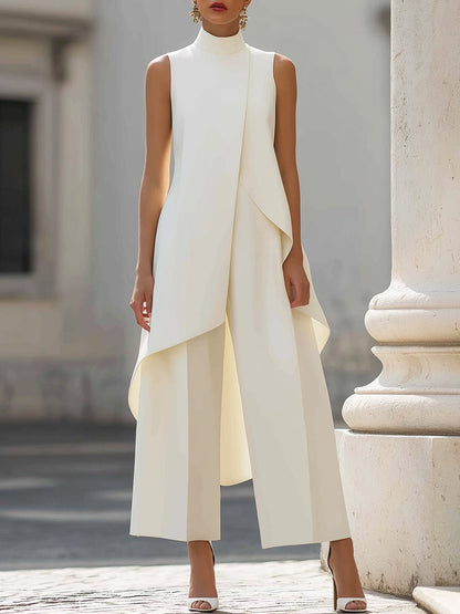 Elegant black jumpsuit for women featuring a high neckline and draped overlay, designed with a chic wide-leg silhouette, perfect for special occasions. 0