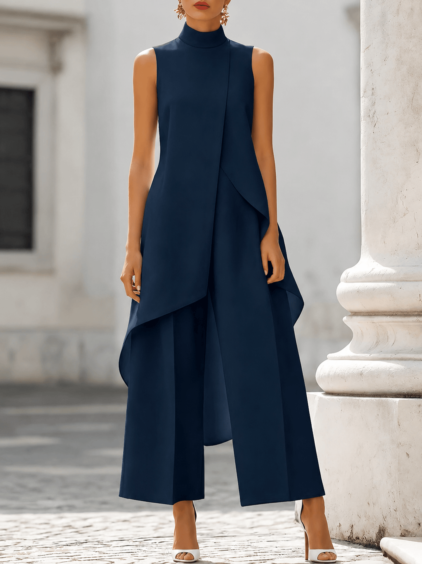 Elegant black jumpsuit for women featuring a high neckline and draped overlay, designed with a chic wide-leg silhouette, perfect for special occasions. 5