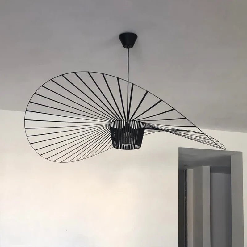 Black pendant lamp featuring a unique hat shape design, crafted from durable polyurethane and fiberglass, perfect for modern home decor. 5