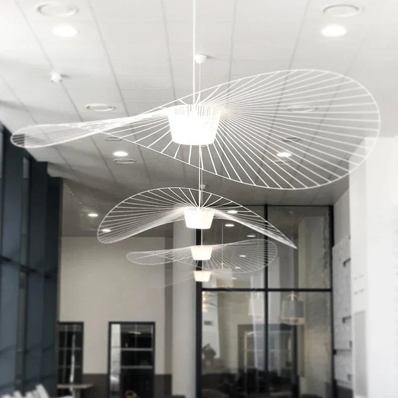 Black pendant lamp featuring a unique hat shape design, crafted from durable polyurethane and fiberglass, perfect for modern home decor. 3